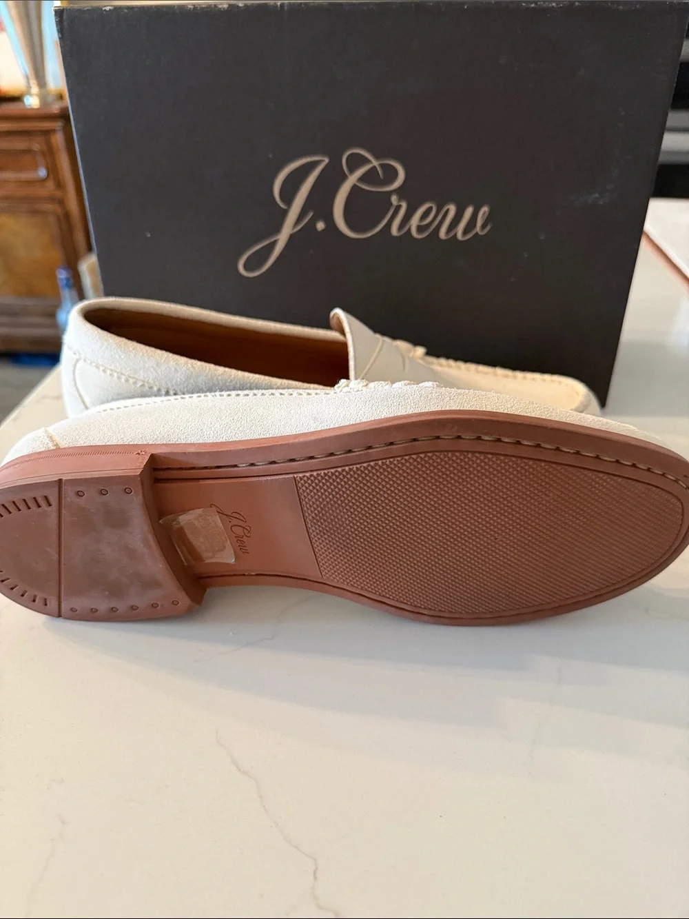 J. Crew Men’s Cream Suede Penny Loafers with Tan Outsole
